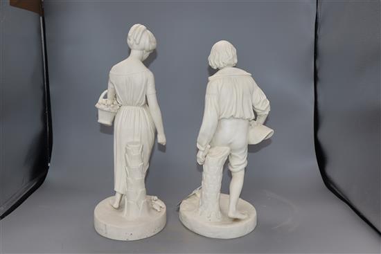 A Copeland parian figure of a boy carrying fruit (repaired) and another parian figure of a young girl, carrying a basket and feeding bi